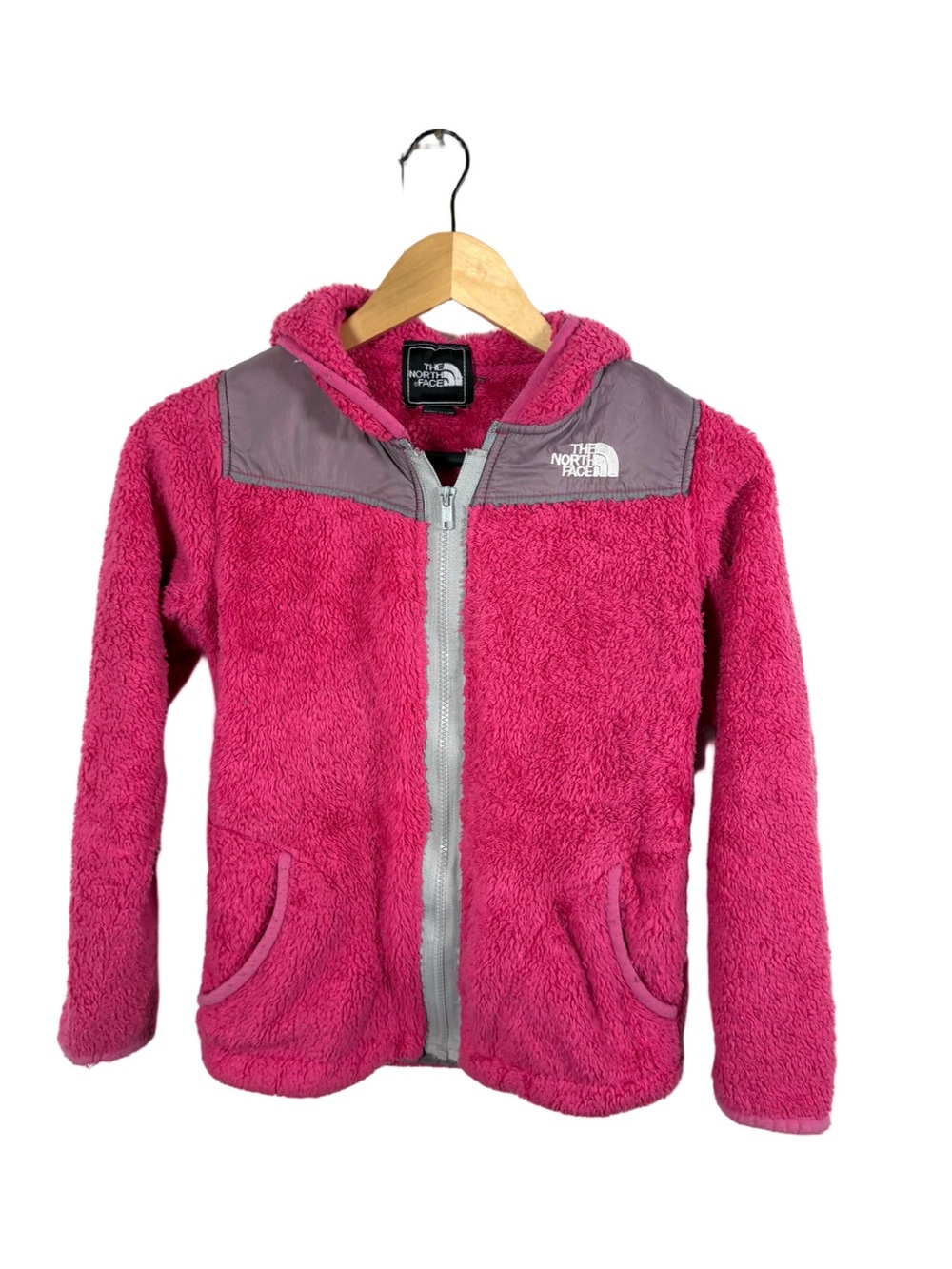The North Face Girls M Pink Fuzzy Fleece Hooded Full Zip Jacket Gray